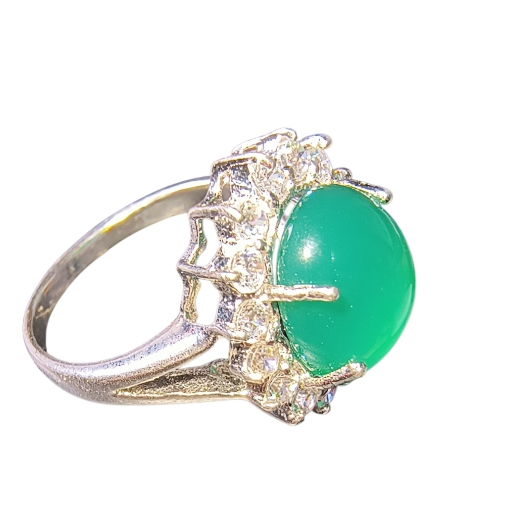 Sterling Silver Chrysoprase Halo Ring with Sparkling Clear Stones, Split Shank - Picture 3 of 11